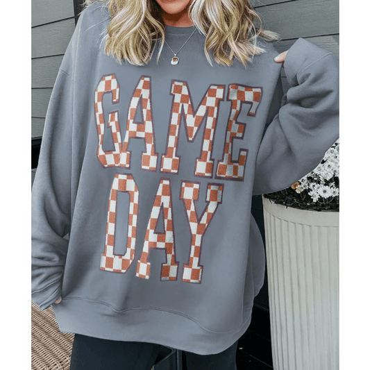 Grey GAME DAY Checkered Letter Graphic Oversize Sweatshirt