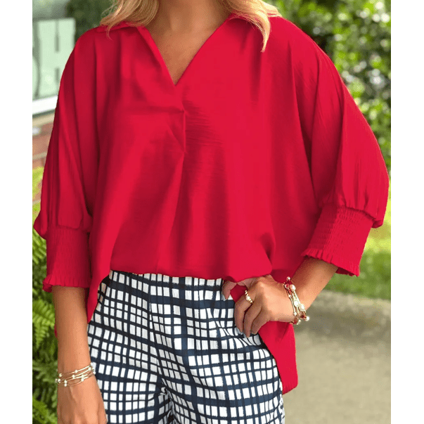Juanita Fiery Red V Neck Collared Shirred 3/4 Sleeve Oversized Tunic Top