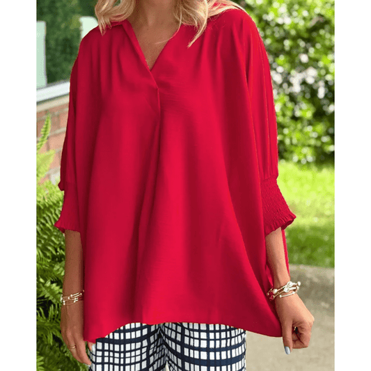 Juanita Fiery Red V Neck Collared Shirred 3/4 Sleeve Oversized Tunic Top