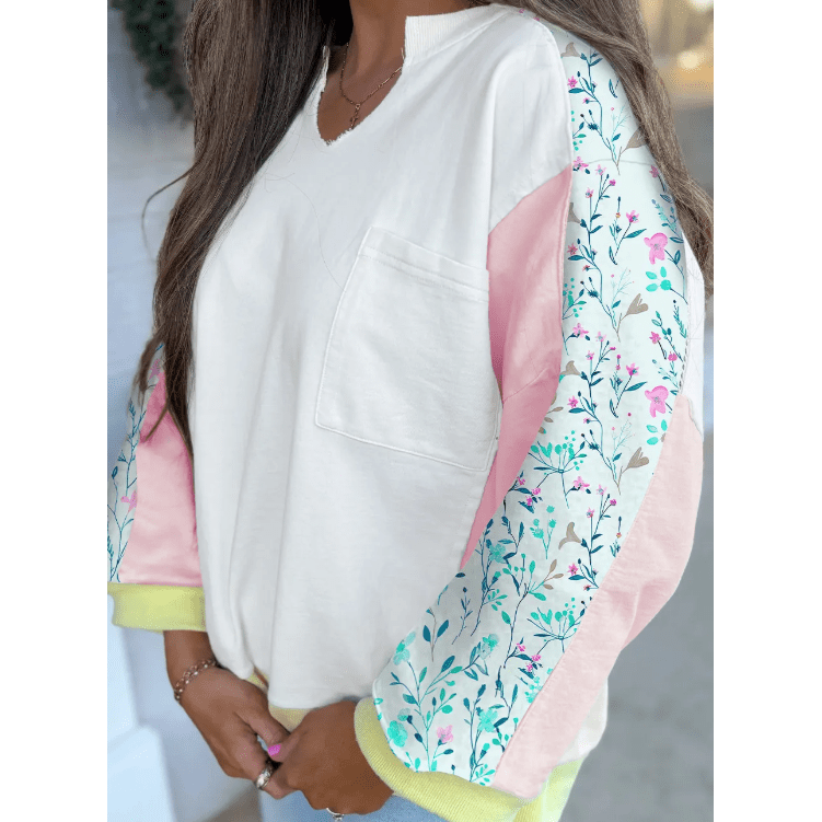 Roschel White Floral Colorblock Patchwork Chest Pocket Notched Neck Long Sleeve Top