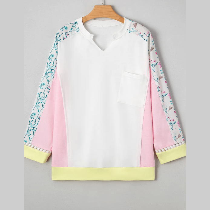 Roschel White Floral Colorblock Patchwork Chest Pocket Notched Neck Long Sleeve Top