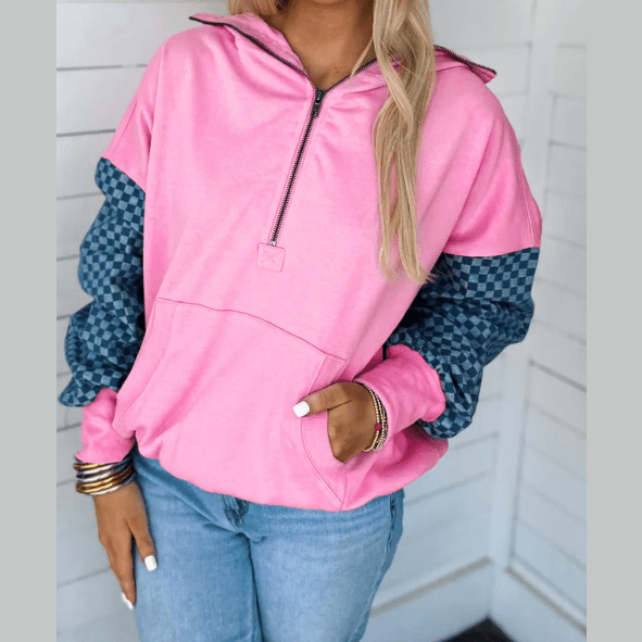 Ada Pink Checkered Patchwork Kangaroo Pocket Half Zipper Hoodie