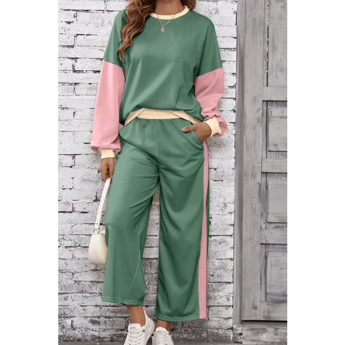 Khloe Mist Green 2pcs Color Block Pullover Loose Pant Set
