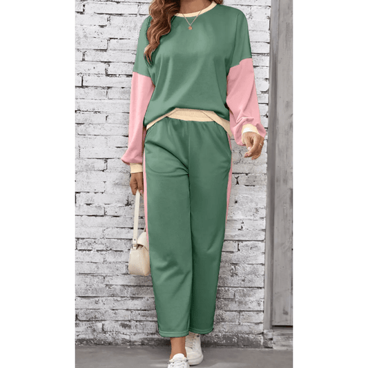 Khloe Mist Green 2pcs Color Block Pullover Loose Pant Set