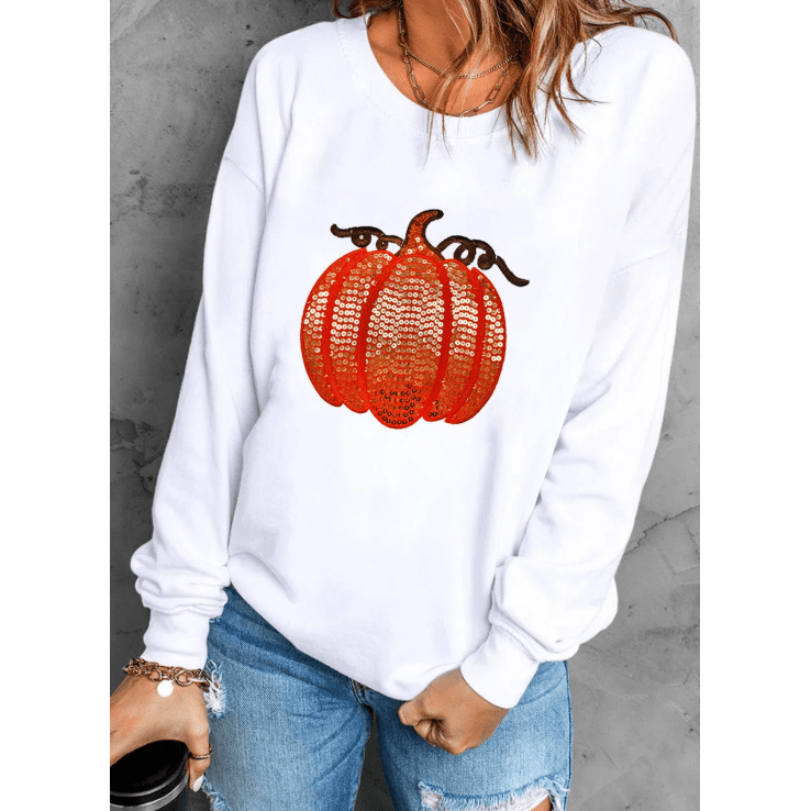 White Sequin Pumpkin Patched Casual Pullover Graphic Sweatshirt