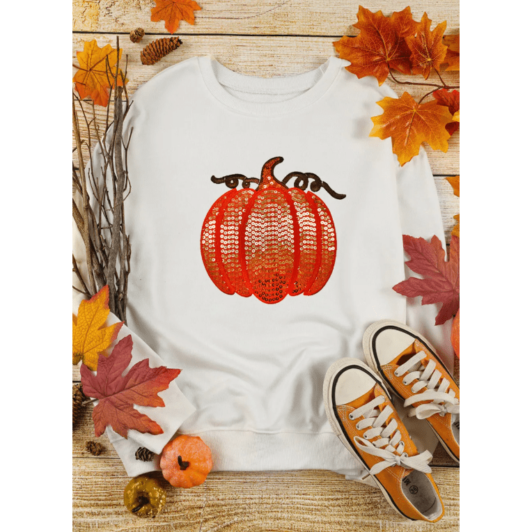 White Sequin Pumpkin Patched Casual Pullover Graphic Sweatshirt