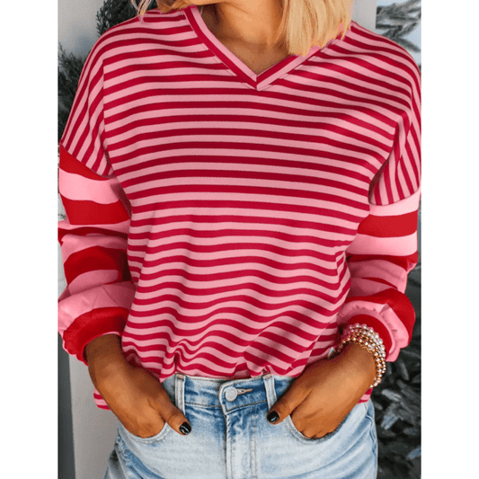 Louise Strawberry Pink Mix Striped Drop Shoulder Patchwork Sleeve V Neck Pullover