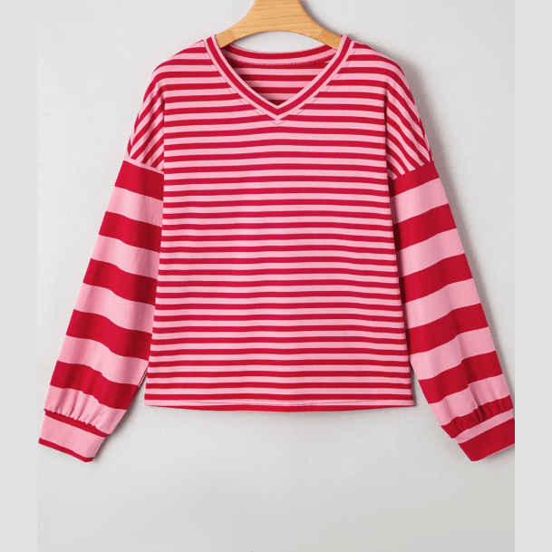 Louise Strawberry Pink Mix Striped Drop Shoulder Patchwork Sleeve V Neck Pullover