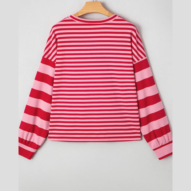 Louise Strawberry Pink Mix Striped Drop Shoulder Patchwork Sleeve V Neck Pullover