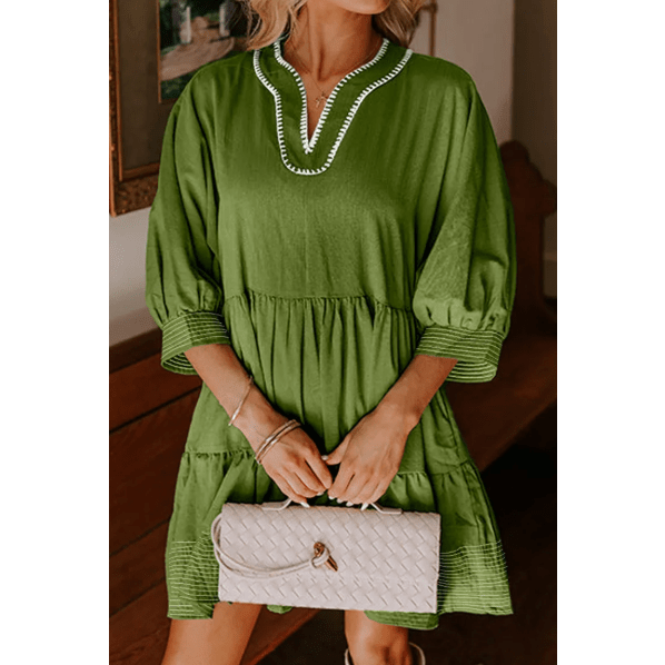 Kesha Jungle Green Contrast Stitched V Neck 3/4 Sleeve Tiered Mini Dress