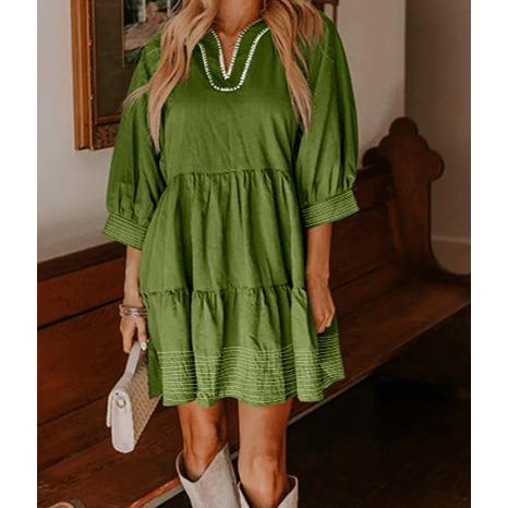 Kesha Jungle Green Contrast Stitched V Neck 3/4 Sleeve Tiered Mini Dress