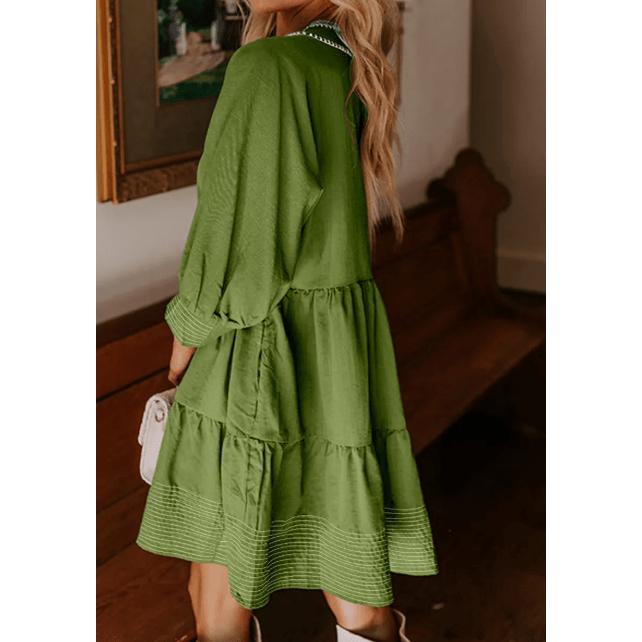 Kesha Jungle Green Contrast Stitched V Neck 3/4 Sleeve Tiered Mini Dress