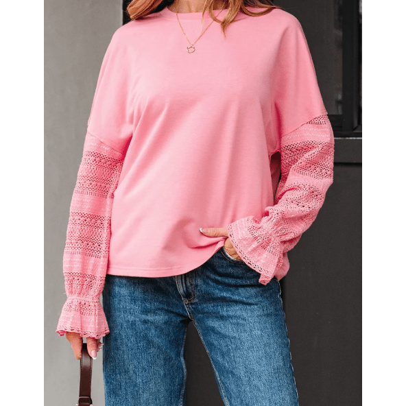 RTS Sachet Pink Drop Shoulder Lace Ruffled Sleeve Patchwork Loose Sweatshirt