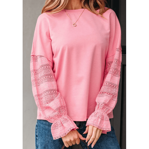 RTS Sachet Pink Drop Shoulder Lace Ruffled Sleeve Patchwork Loose Sweatshirt