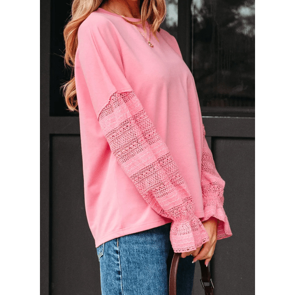RTS Sachet Pink Drop Shoulder Lace Ruffled Sleeve Patchwork Loose Sweatshirt
