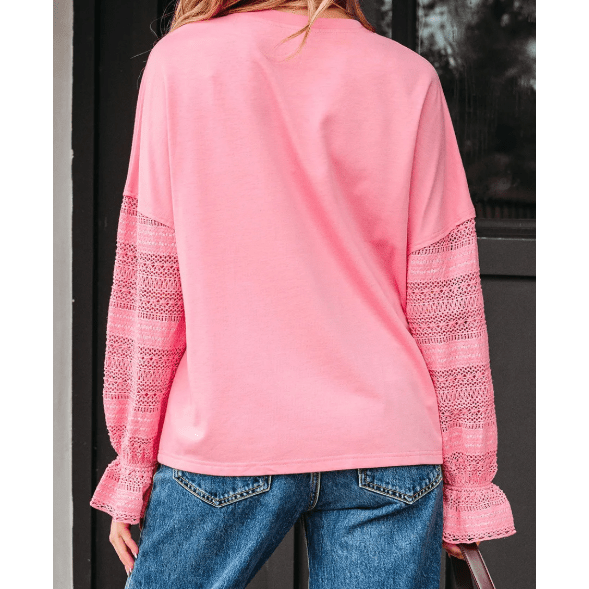 RTS Sachet Pink Drop Shoulder Lace Ruffled Sleeve Patchwork Loose Sweatshirt