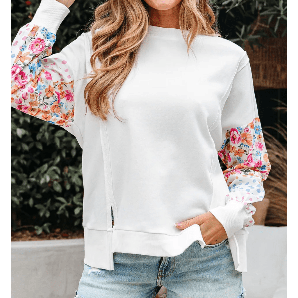 Clarisse White Floral Dotted Mixed Print Patchwork Sleeve High Low Casual Sweatshirt