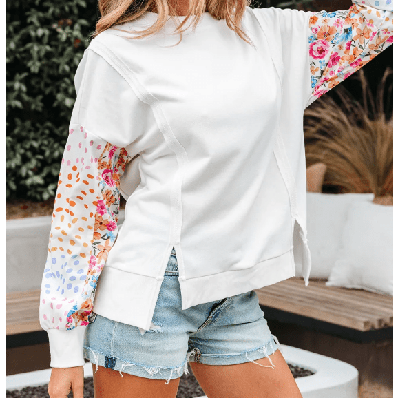 Clarisse White Floral Dotted Mixed Print Patchwork Sleeve High Low Casual Sweatshirt