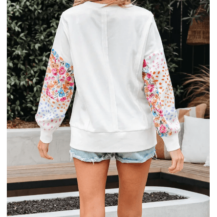 Clarisse White Floral Dotted Mixed Print Patchwork Sleeve High Low Casual Sweatshirt