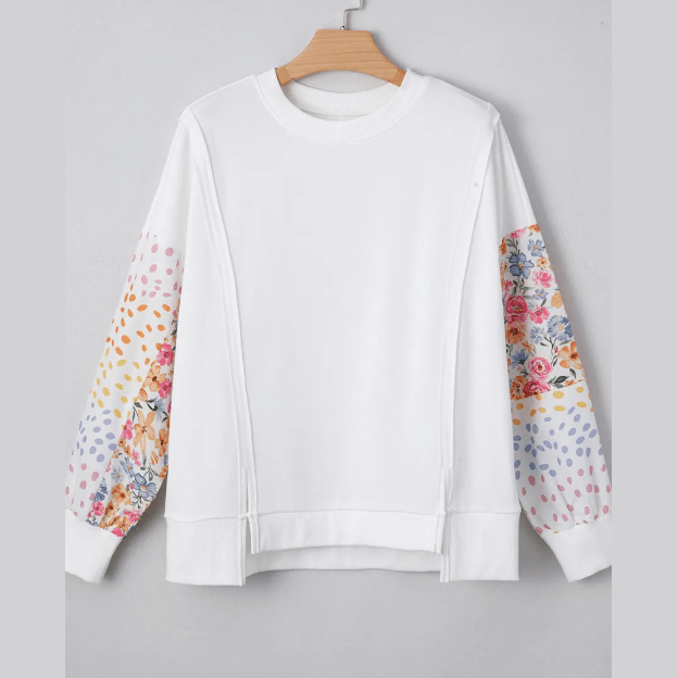 Clarisse White Floral Dotted Mixed Print Patchwork Sleeve High Low Casual Sweatshirt