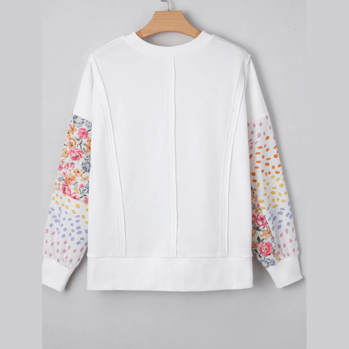Clarisse White Floral Dotted Mixed Print Patchwork Sleeve High Low Casual Sweatshirt