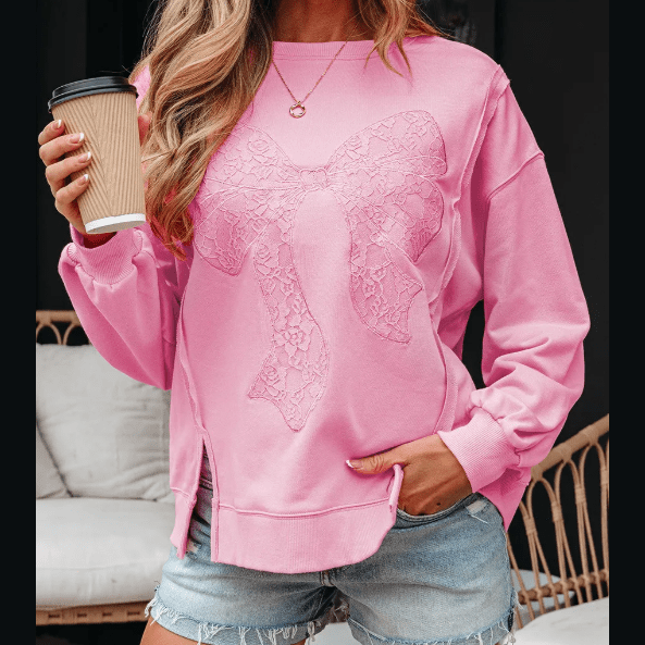 Grace Bonbon Lace Insert Bow Embroidered Exposed Seam Sweatshirt