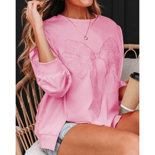 Grace Bonbon Lace Insert Bow Embroidered Exposed Seam Sweatshirt