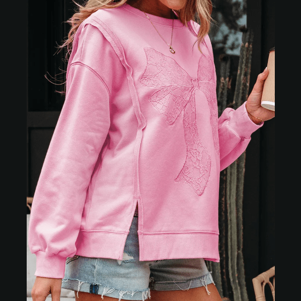 Grace Bonbon Lace Insert Bow Embroidered Exposed Seam Sweatshirt