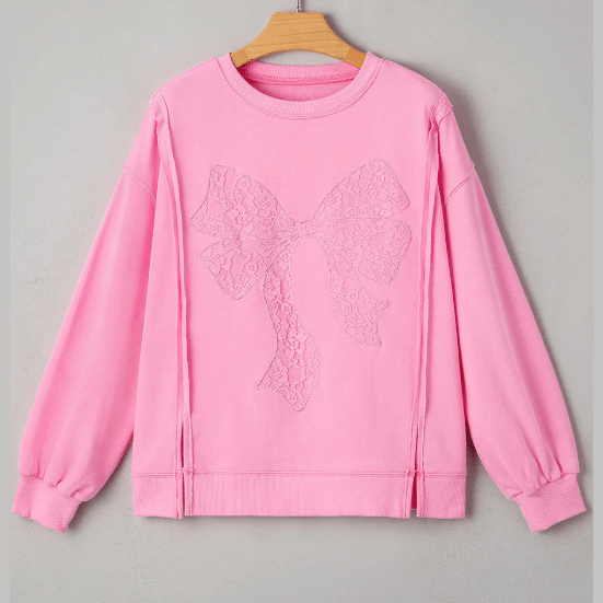 Grace Bonbon Lace Insert Bow Embroidered Exposed Seam Sweatshirt