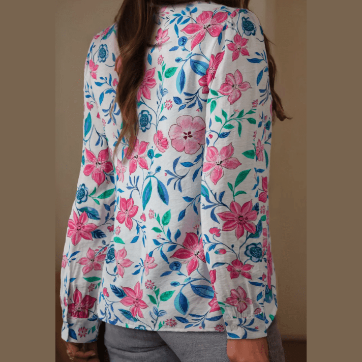 Chancie Pink Floral Print Lace Detail Button-up Long Sleeve Shirt