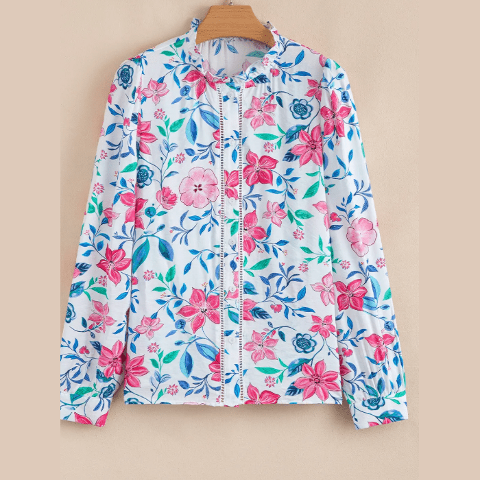 Chancie Pink Floral Print Lace Detail Button-up Long Sleeve Shirt