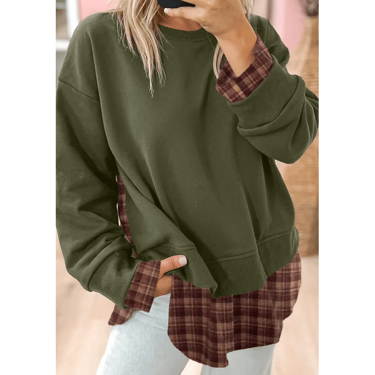 Darshi Moss Green Vintage Plaid Patchwork Drop Shoulder Sweatshirt