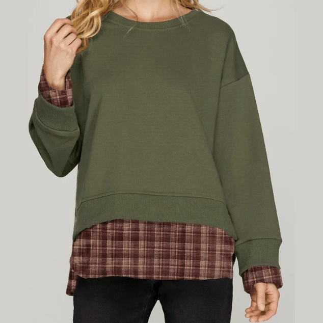 Darshi Moss Green Vintage Plaid Patchwork Drop Shoulder Sweatshirt