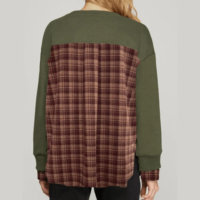 Darshi Moss Green Vintage Plaid Patchwork Drop Shoulder Sweatshirt
