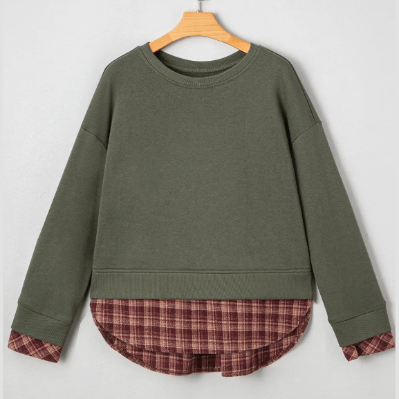 Darshi Moss Green Vintage Plaid Patchwork Drop Shoulder Sweatshirt