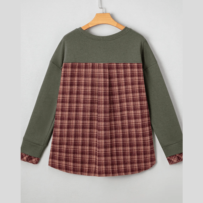 Darshi Moss Green Vintage Plaid Patchwork Drop Shoulder Sweatshirt