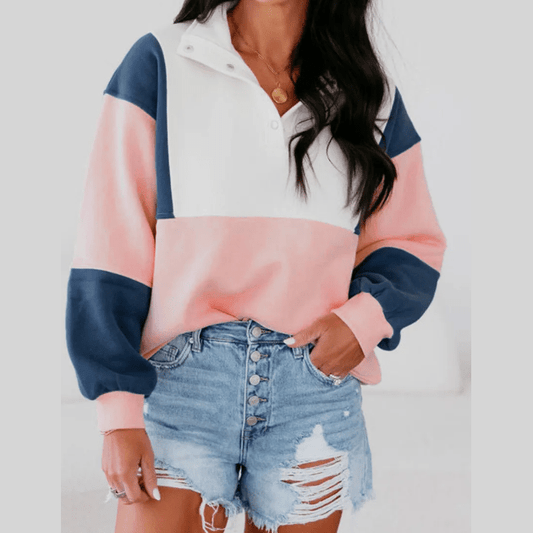 Katarine Pink Colorblock Patchwork Half Button Baggy Sweatshirt