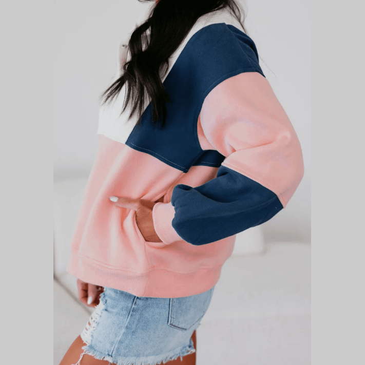 Katarine Pink Colorblock Patchwork Half Button Baggy Sweatshirt