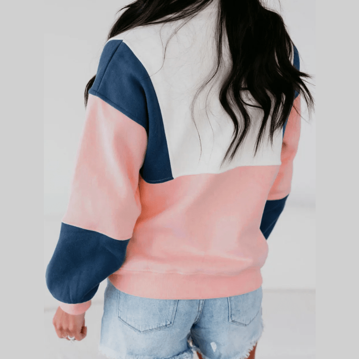 Katarine Pink Colorblock Patchwork Half Button Baggy Sweatshirt