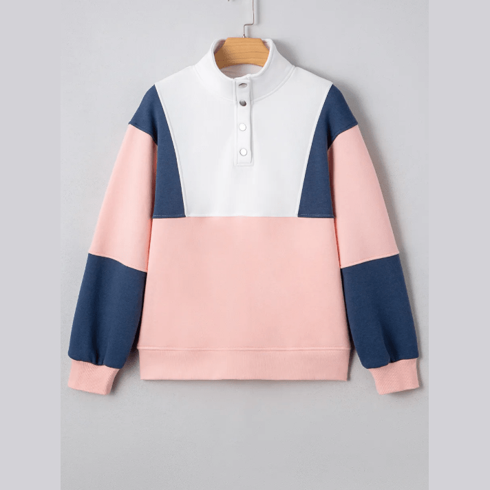 Katarine Pink Colorblock Patchwork Half Button Baggy Sweatshirt
