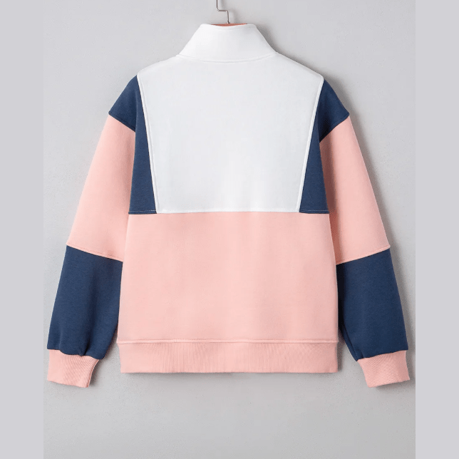 Katarine Pink Colorblock Patchwork Half Button Baggy Sweatshirt