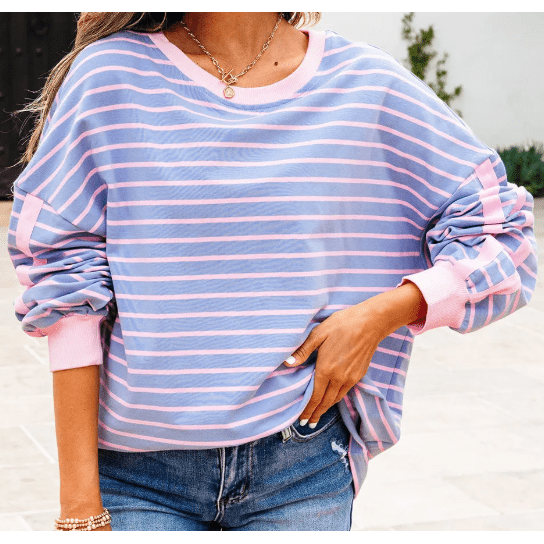 Reyna Sky Blue Stripe Oversize Contrast Trim Drop Shoulder Casual Top