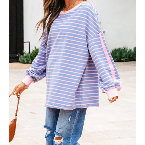 Reyna Sky Blue Stripe Oversize Contrast Trim Drop Shoulder Casual Top
