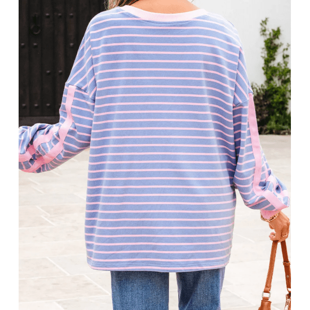 Reyna Sky Blue Stripe Oversize Contrast Trim Drop Shoulder Casual Top