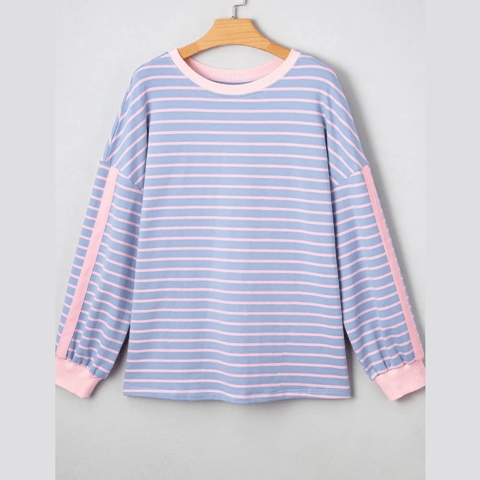 Reyna Sky Blue Stripe Oversize Contrast Trim Drop Shoulder Casual Top
