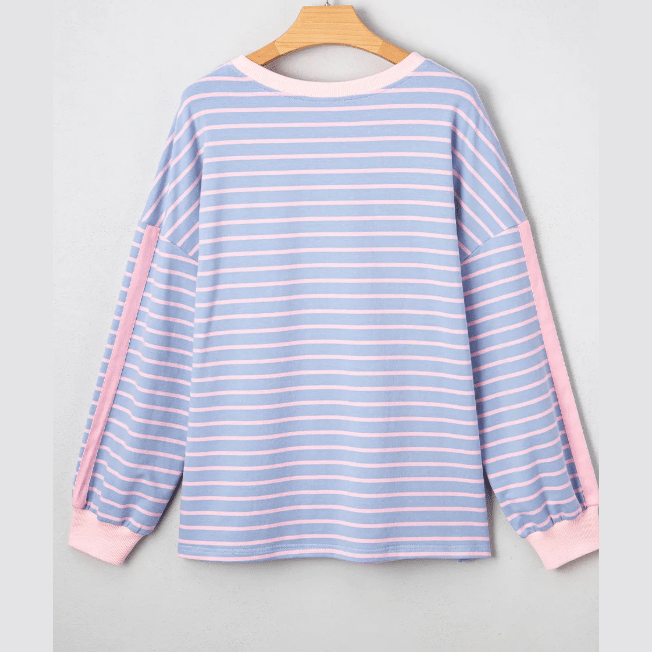 Reyna Sky Blue Stripe Oversize Contrast Trim Drop Shoulder Casual Top