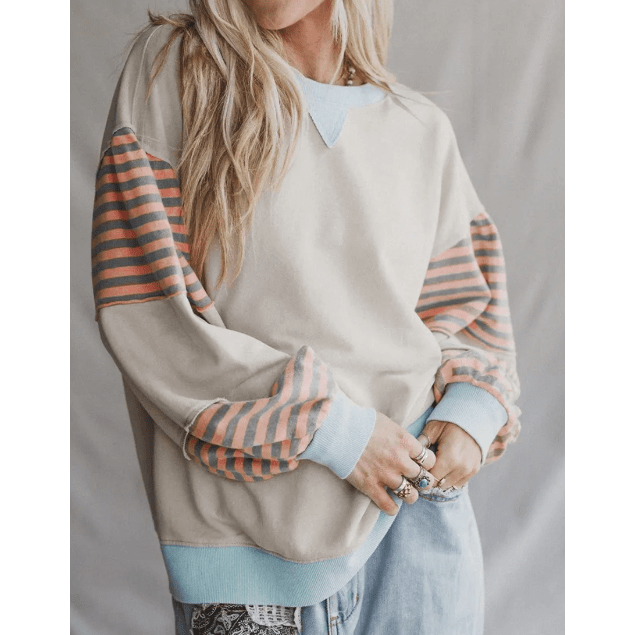 Avis Blue Striped Colorblock Patchwork Drop Shoulder Sweatshirt