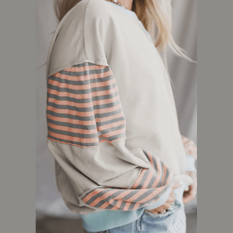 Avis Blue Striped Colorblock Patchwork Drop Shoulder Sweatshirt