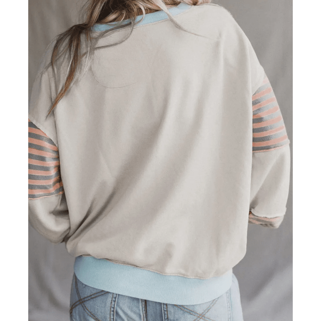 Avis Blue Striped Colorblock Patchwork Drop Shoulder Sweatshirt