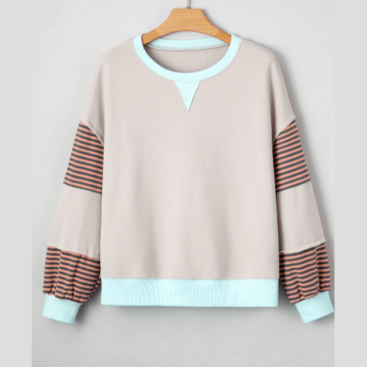 Avis Blue Striped Colorblock Patchwork Drop Shoulder Sweatshirt